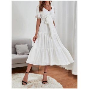 Tie Front Bishop Sleeve Midi Dress (swdress02210319809)